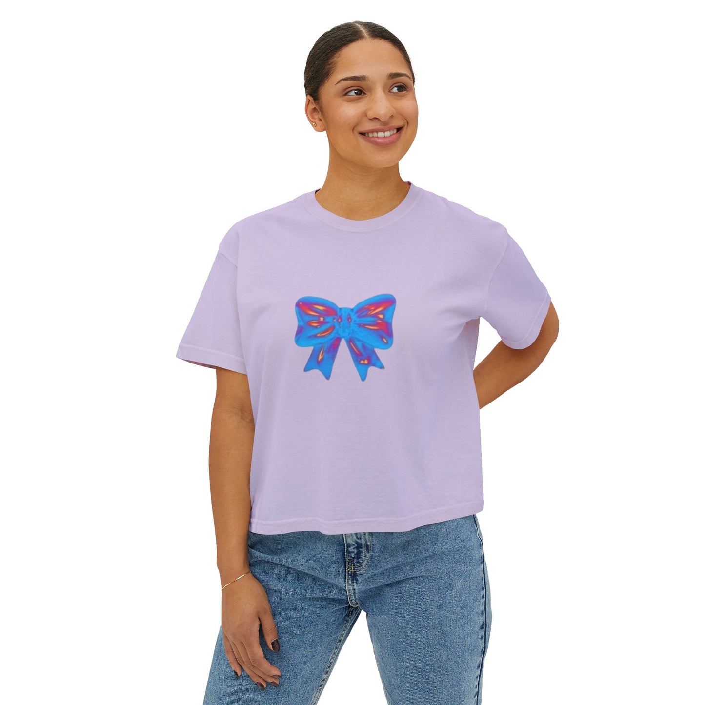 Cute Bow Graphic Women's Boxy Tee, Casual Summer Top, Gift for Her, Birthday Tee, Everyday Wear, Trendy Fashion