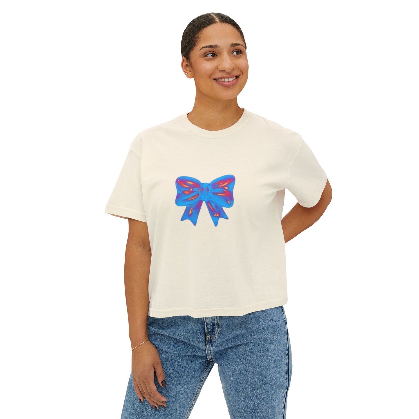 Cute Bow Graphic Women's Boxy Tee, Casual Summer Top, Gift for Her, Birthday Tee, Everyday Wear, Trendy Fashion